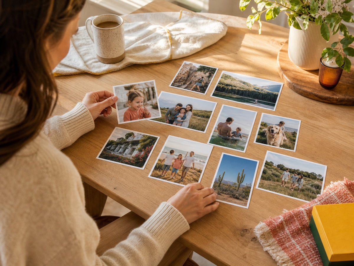 A woman arranging square and rectangular family photo prints on a sunlit table