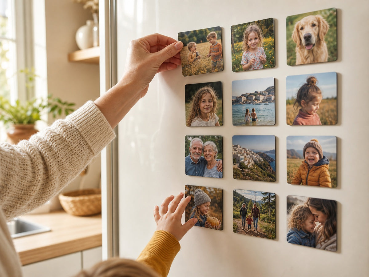 A mother and child arranging square family photo magnets on a refrigerator