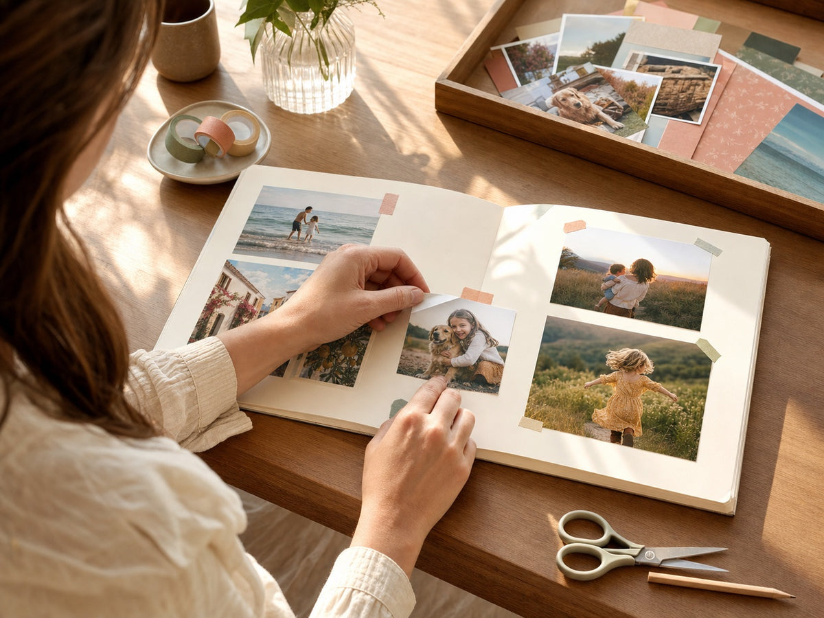 A woman adding square and rectangular family photos to a sunlit scrapbook