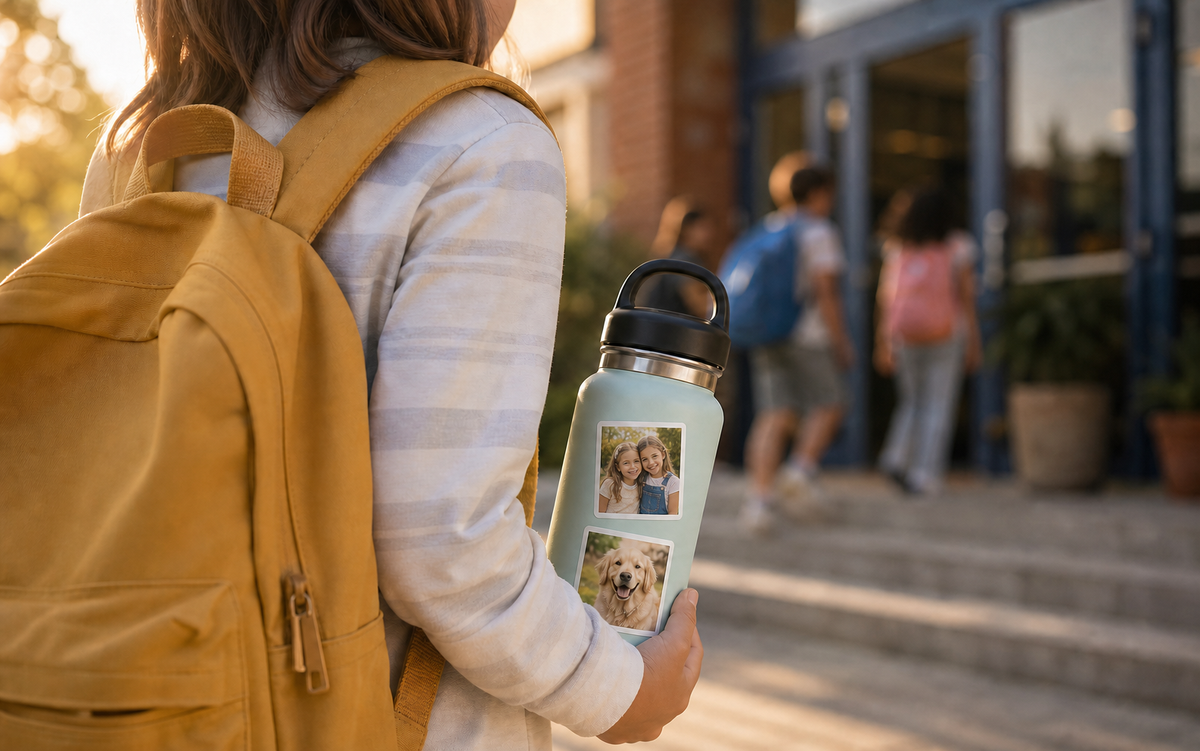 Schoolgirl holding a water bottle decorated with photo stickers of two sisters and a family dog