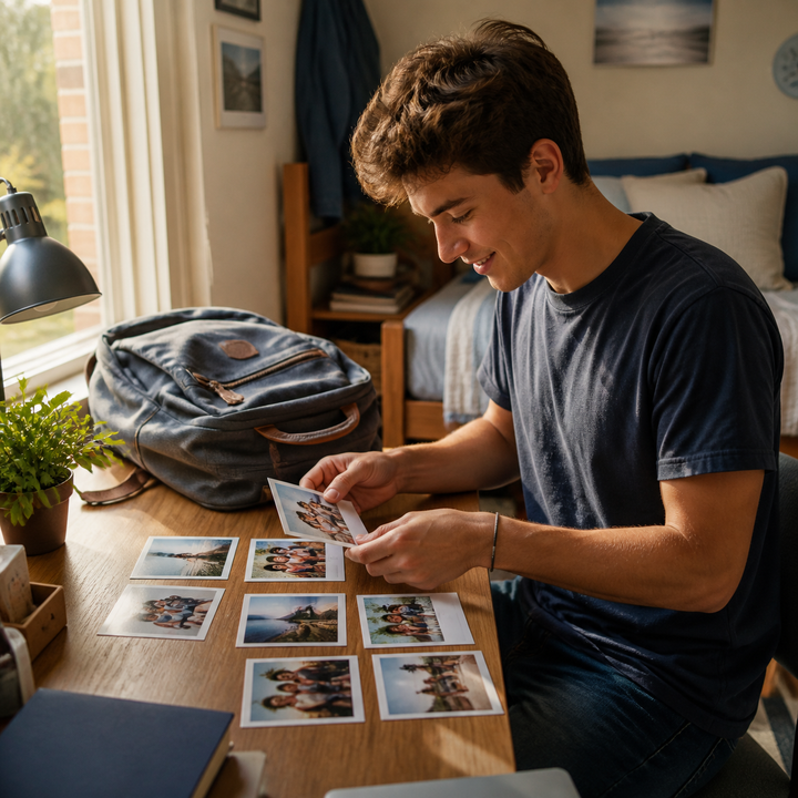 College student arranging printed family photos on a dorm desk