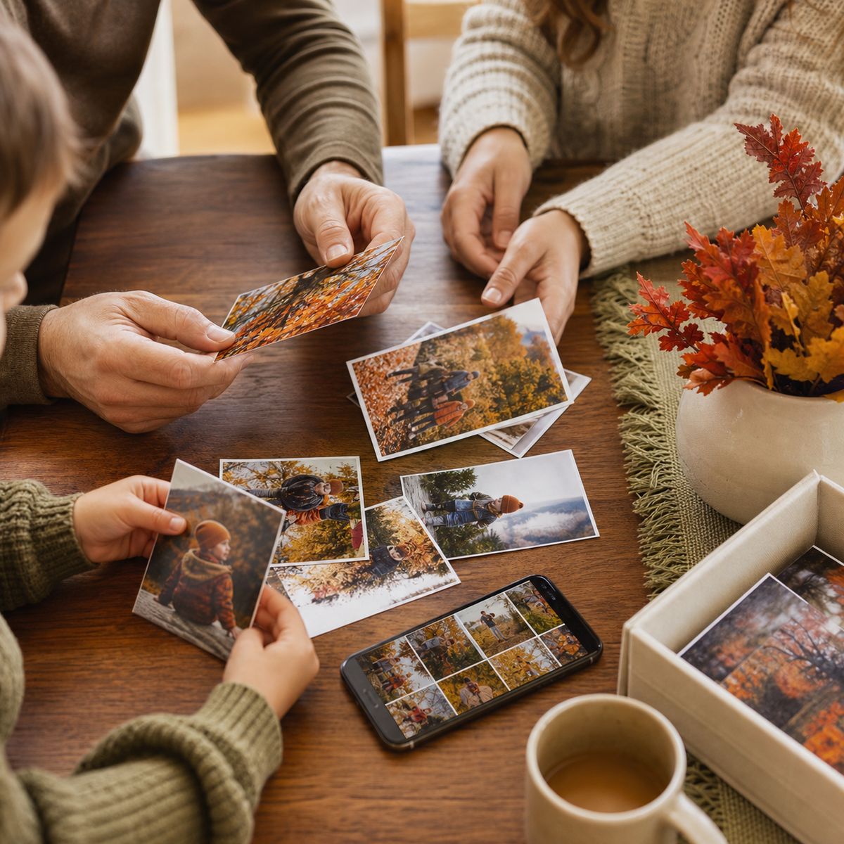 Family sorting printed autumn photos at a kitchen table