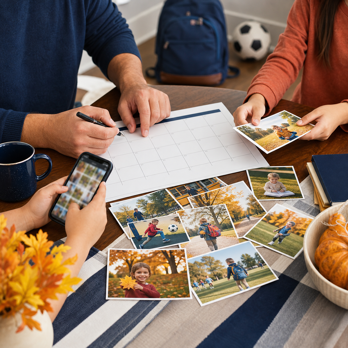 Family planning a fall school photo print routine around a blank calendar