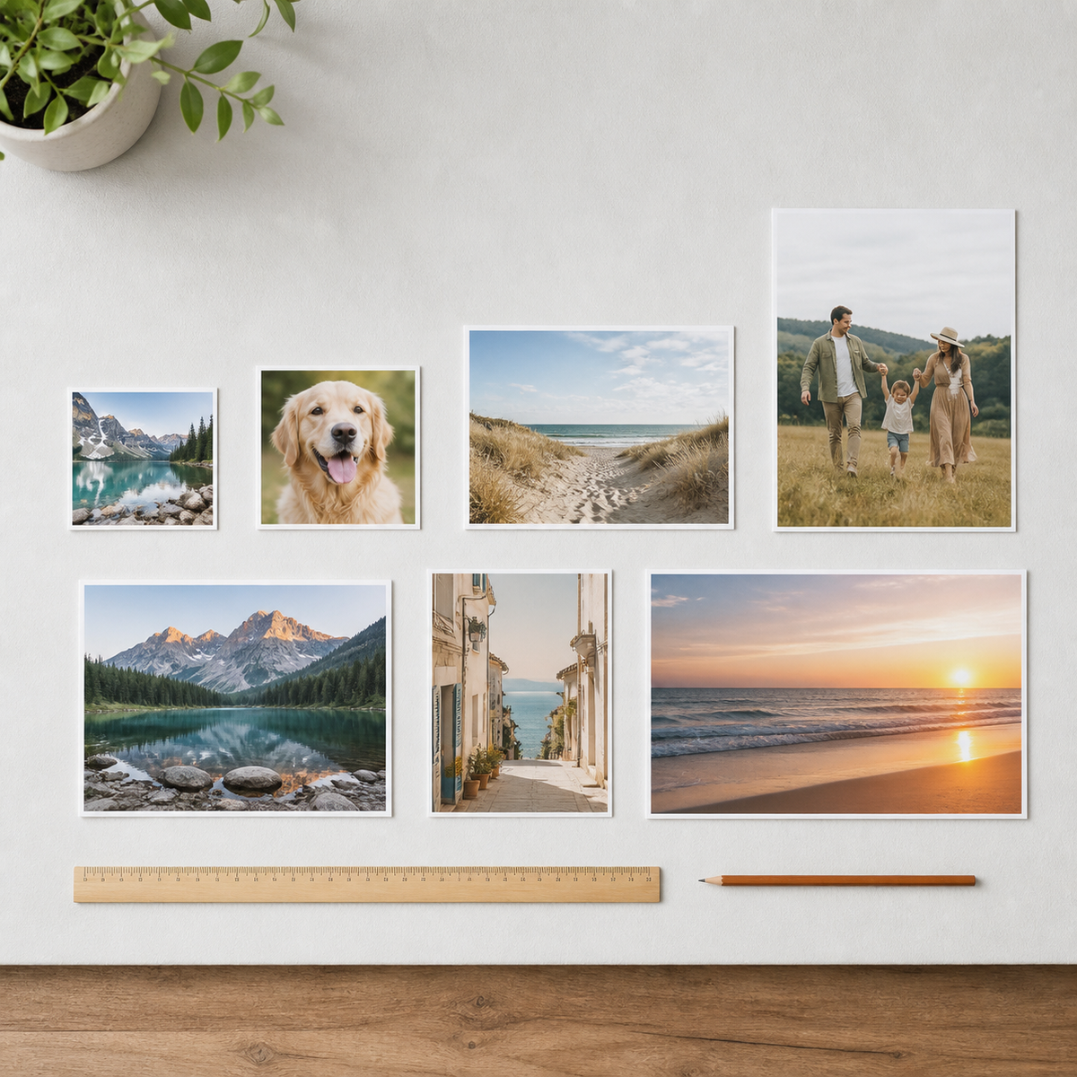 Several photo print sizes arranged beside a ruler on a tabletop