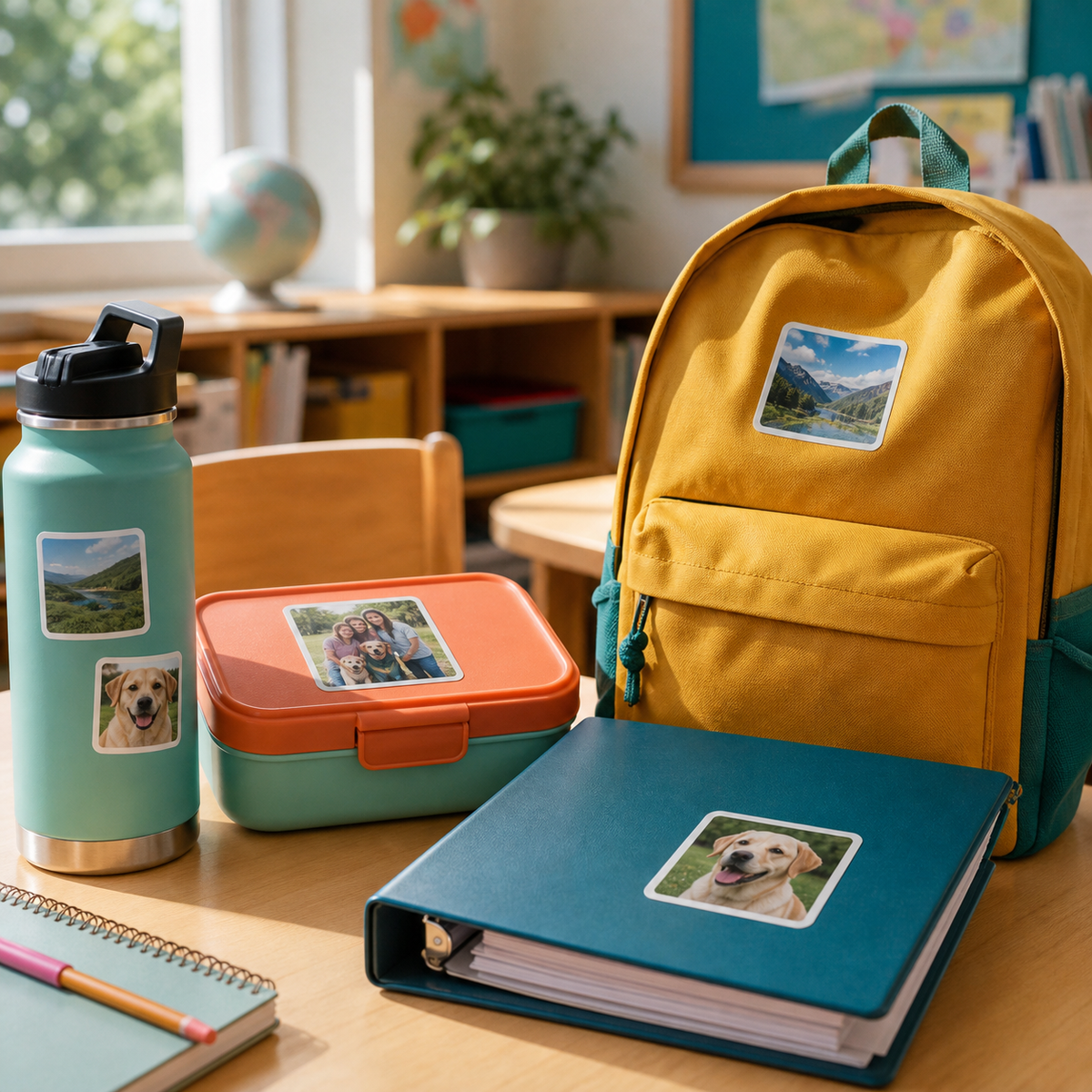 Back-to-school backpack, bottle, lunchbox, and binder decorated with photo stickers