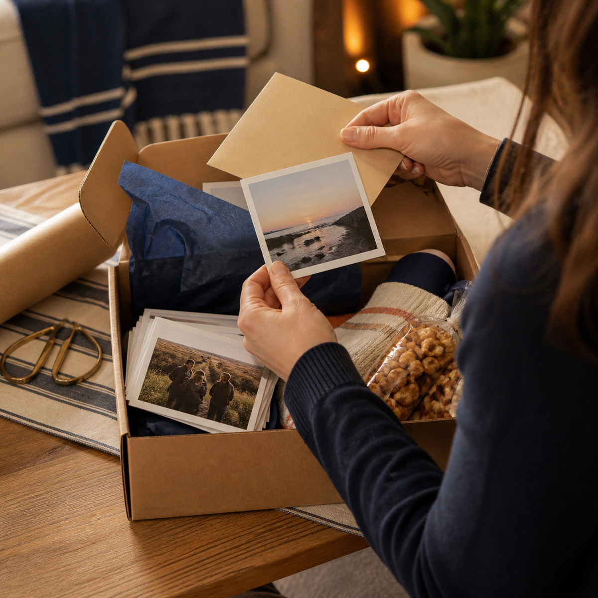 Small college gift box with photo prints and simple snacks