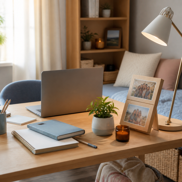 Cozy dorm study desk with a tabletop stand holding family photos
