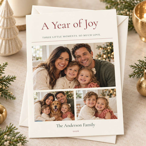 A personalized family holiday photo card with the text 'A Year of Joy' and three printed family photos, shown on top of white envelopes with festive tabletop decor around it.