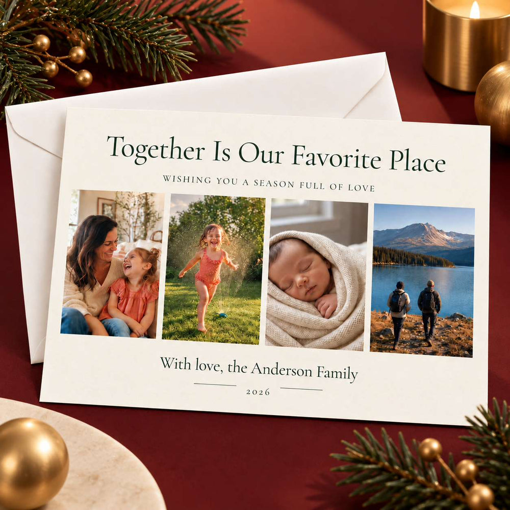 A personalized family photo holiday card with an envelope, styled on a dark red surface with gold ornaments, pine branches, and a candle. The card reads 'Together Is Our Favorite Place' and features four family photos.