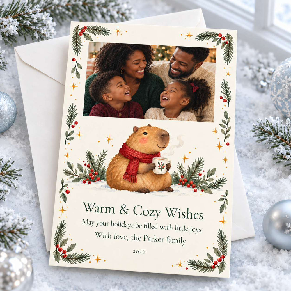 A personalized holiday greeting card with a custom family photo at the top, an illustration of a capybara wearing a red scarf and holding a mug, and the text 'Warm & Cozy Wishes' and 'May your holidays be filled with little joys With love, the Parker family 2026'. The card is displayed on top of a white envelope, surrounded by festive decorations including pine branches, snow, and silver ornaments.