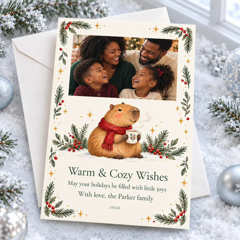 A personalized holiday greeting card with a custom family photo at the top, an illustration of a capybara wearing a red scarf and holding a mug, and the text 'Warm & Cozy Wishes' and 'May your holidays be filled with little joys With love, the Parker family 2026'. The card is displayed on top of a white envelope, surrounded by festive decorations including pine branches, snow, and silver ornaments.