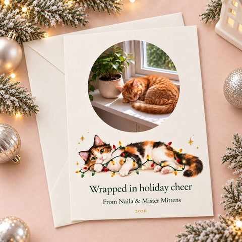 A personalized holiday greeting card with an envelope, styled on a pink surface with Christmas ornaments, pine branches, and warm fairy lights. The card features a circular photo of an orange tabby cat on a windowsill and an illustrated calico cat wrapped in holiday lights, with the text 'Wrapped in holiday cheer', 'From Naila & Mister Mittens', and '2026'.