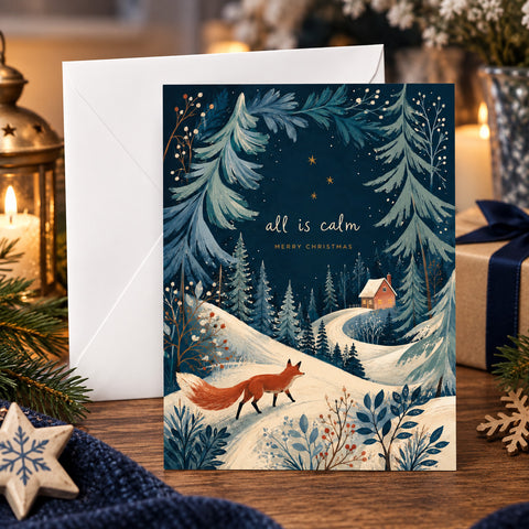 All Is Calm Winter Fox Christmas Card