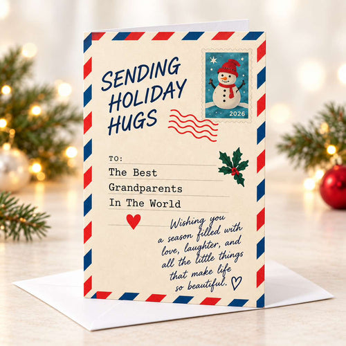A festive greeting card designed like a vintage airmail envelope, featuring the text 'SENDING HOLIDAY HUGS' and a holiday stamp illustration, displayed on a white envelope with a warm, blurred Christmas background.