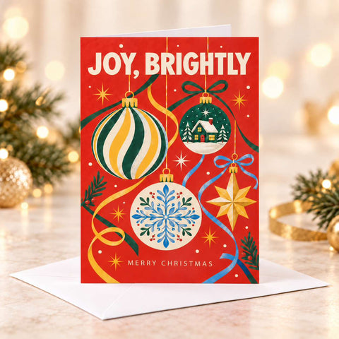 A festive Christmas greeting card with the words 'JOY, BRIGHTLY' at the top and 'MERRY CHRISTMAS' at the bottom, shown standing in front of a white envelope on a marble surface with holiday decorations around it.
