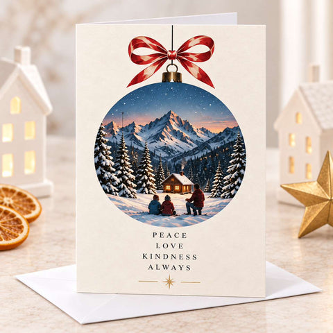 A Christmas greeting card featuring a circular winter mountain landscape illustration with three people in a snowy cabin scene, topped with a red-and-white striped ornament graphic. The card reads 'PEACE LOVE KINDNESS ALWAYS' and is shown standing on a white envelope with decorative house and star props in the background.