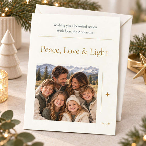 A personalized Christmas holiday card with an envelope, displayed on a tabletop with festive holiday decorations. The card features a custom family photo and the text 'Wishing you a beautiful season With love, the Andersons' and 'Peace, Love & Light'.