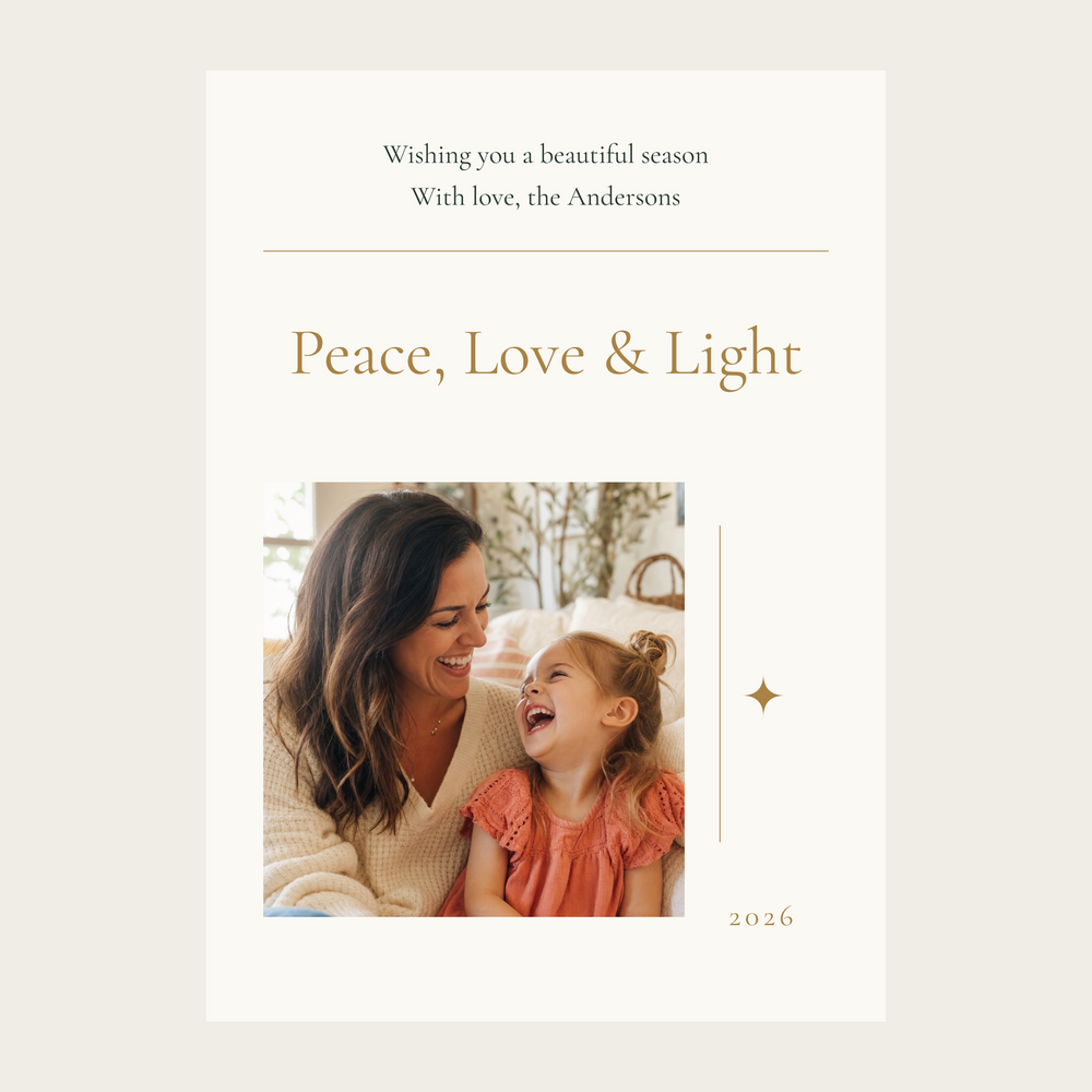 Peace, Love & Light personalized 1-photo 5×7 holiday card