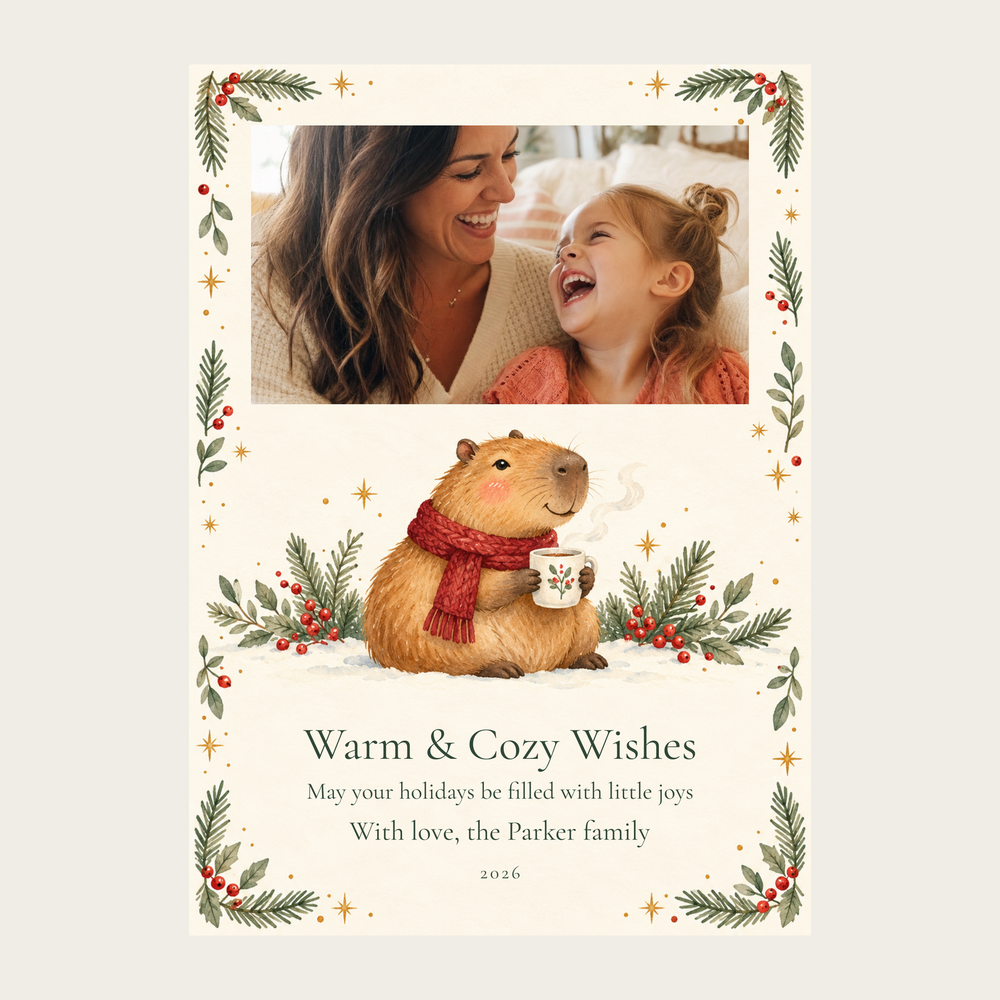 Cozy Capybara personalized 1-photo 5×7 holiday card