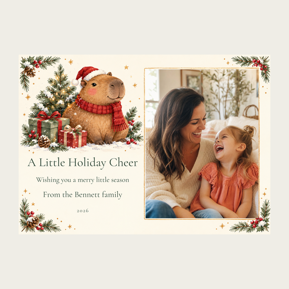 Capybara Cheer personalized 1-photo 5×7 holiday card