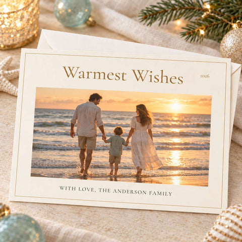 A personalized holiday greeting card featuring a family photo of a father, mother, and child walking on a beach at sunset. The card has a cream border with the text 'Warmest Wishes 2016' at the top and 'WITH LOVE, THE ANDERSON FAMILY' at the bottom.