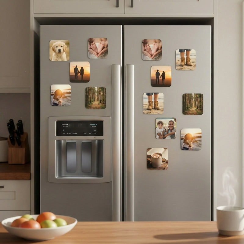 Fridge door covered with photo magnets