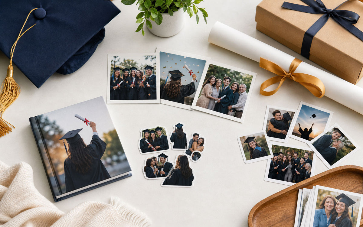 FoxPrint graduation flatlay with prints, stickers, photo book, cap, and diploma