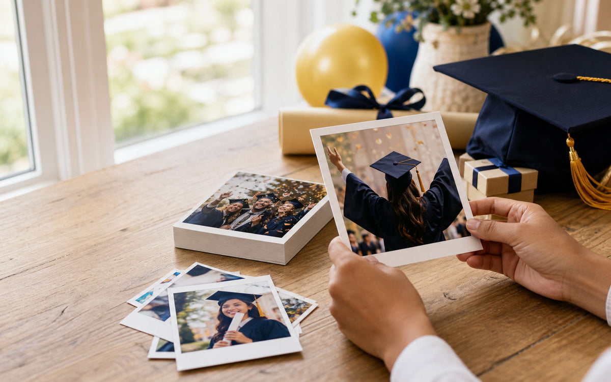 Graduation photo prints arranged beside a cap and gift boxes