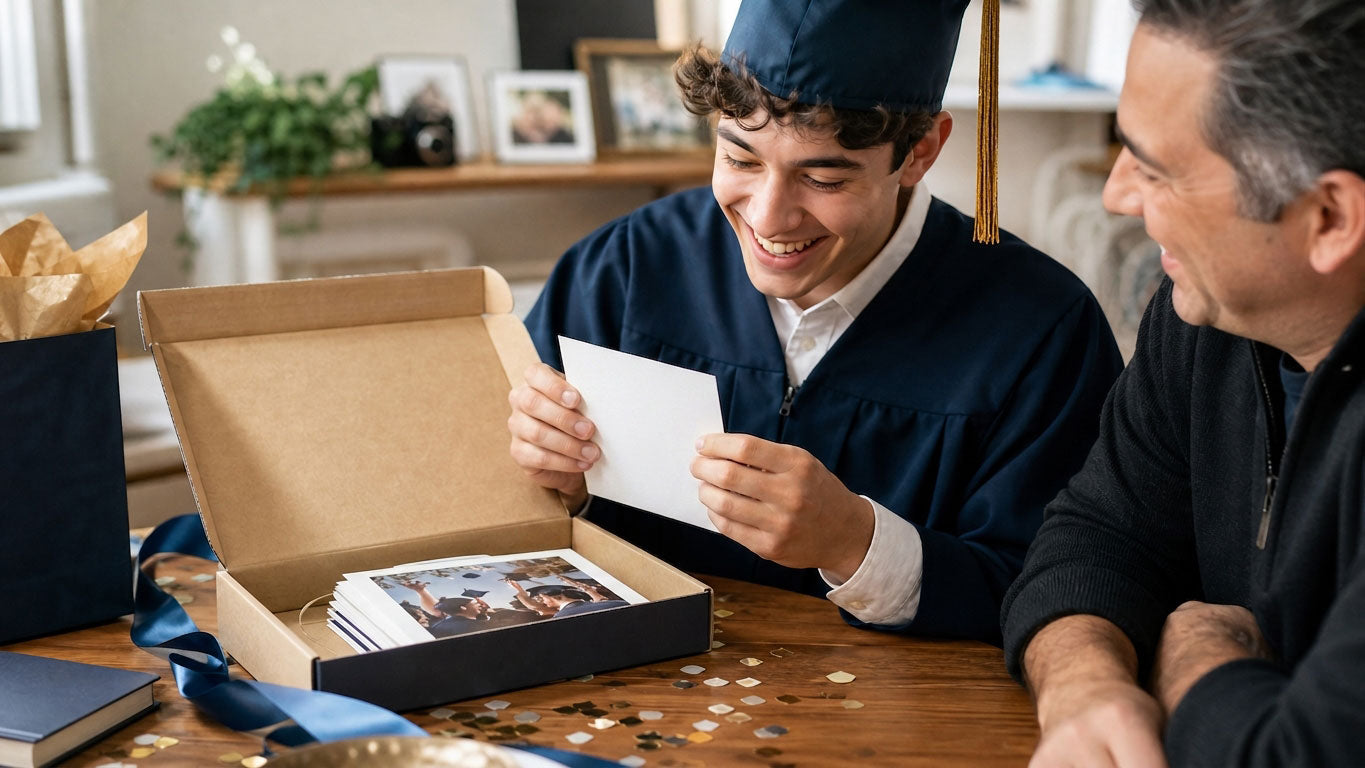 Graduate opening a box of printed graduation photos with family
