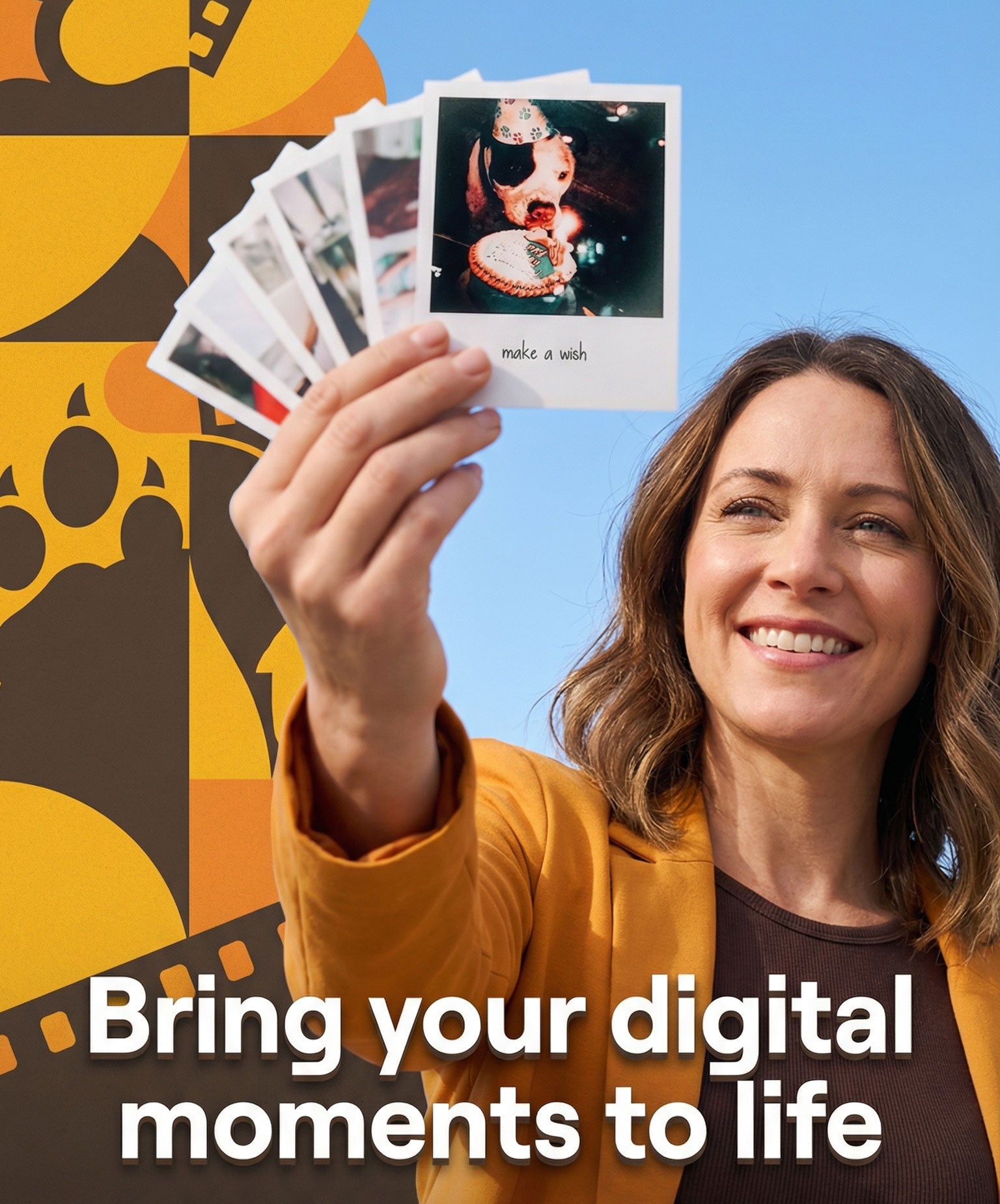 A woman smiling while holding a beautiful stack of FoxPrint photo prints showing family and pet moments
