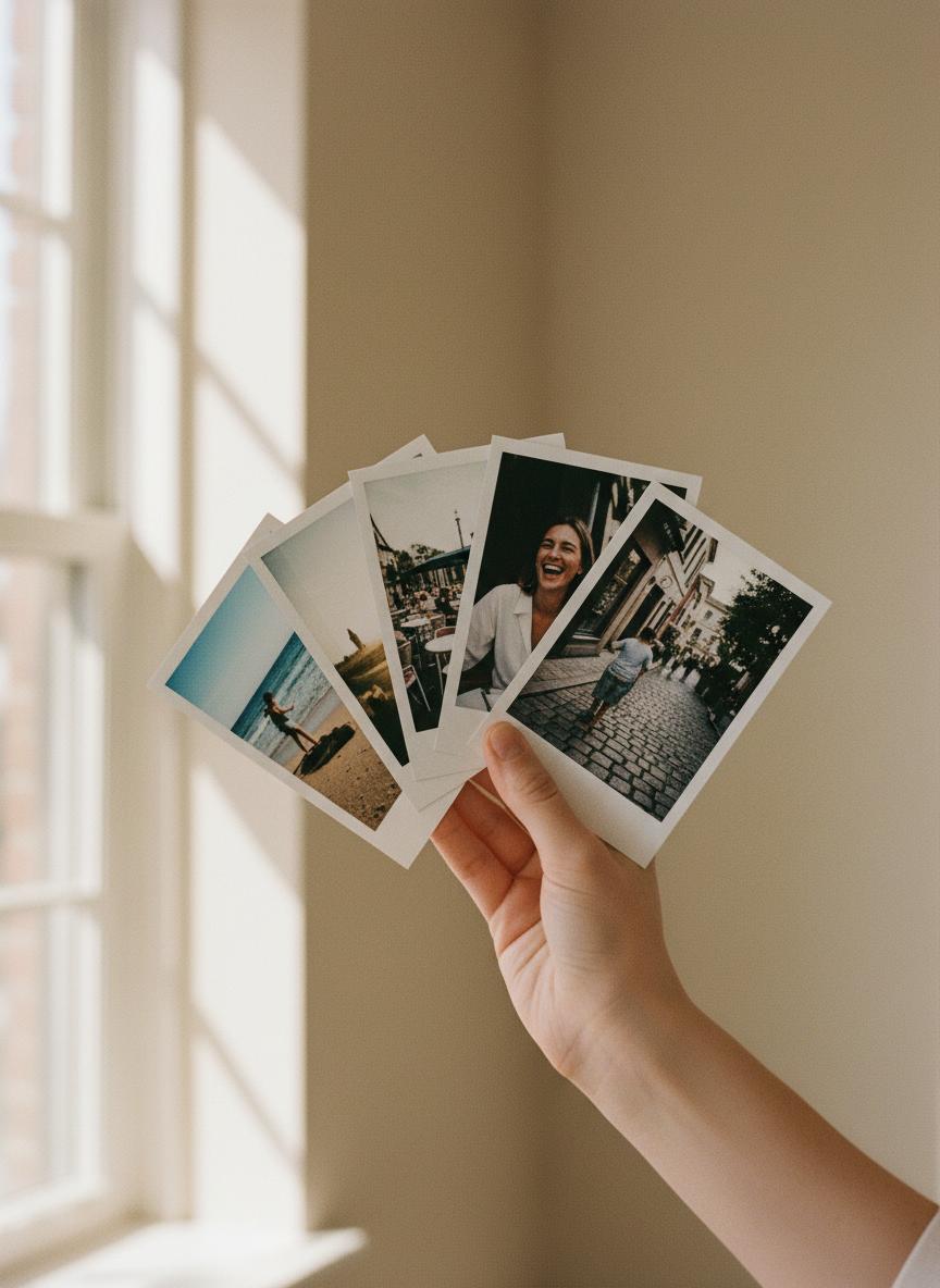 Hands holding classic retro-style FoxPrint prints with white borders and caption space