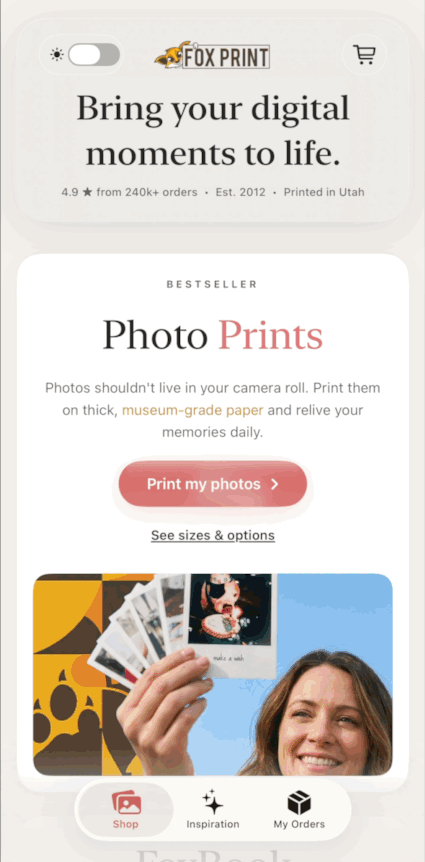FoxPrint iOS app preview showing photo upload and checkout