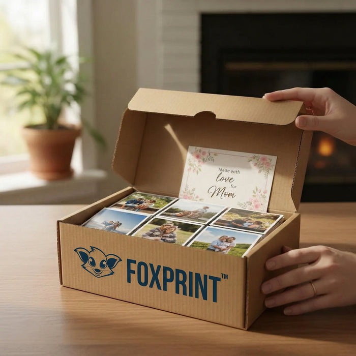 A mother creating a baby photo book with FoxPrint prints