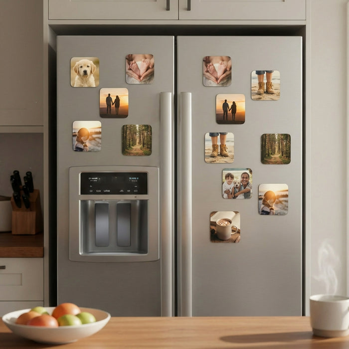 FoxPrint photo magnets on a fridge showing pet portraits and kid art