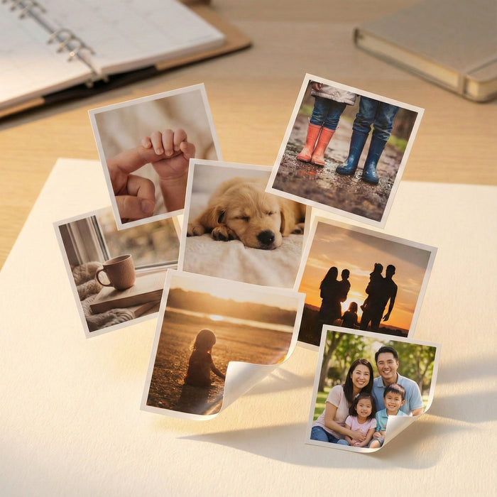 FoxPrint photo stickers on a journal showing family and pet moments