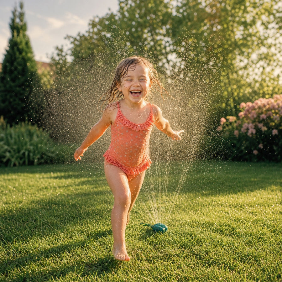 A child laughing while running through backyard sprinklers
