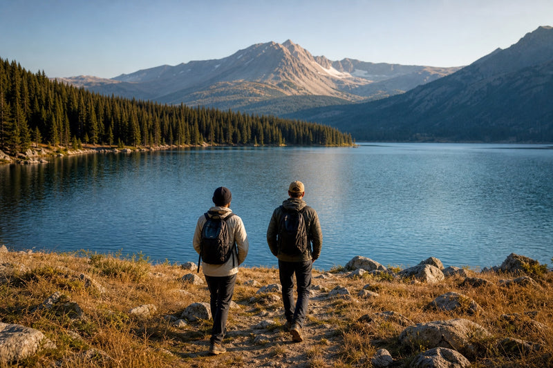 Two friends walking toward a mountain lake