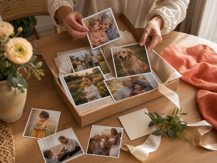 A box of finished square and rectangular family photo prints