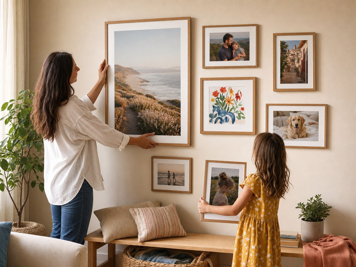 A mother and child arranging square and rectangular family artwork on a gallery wall