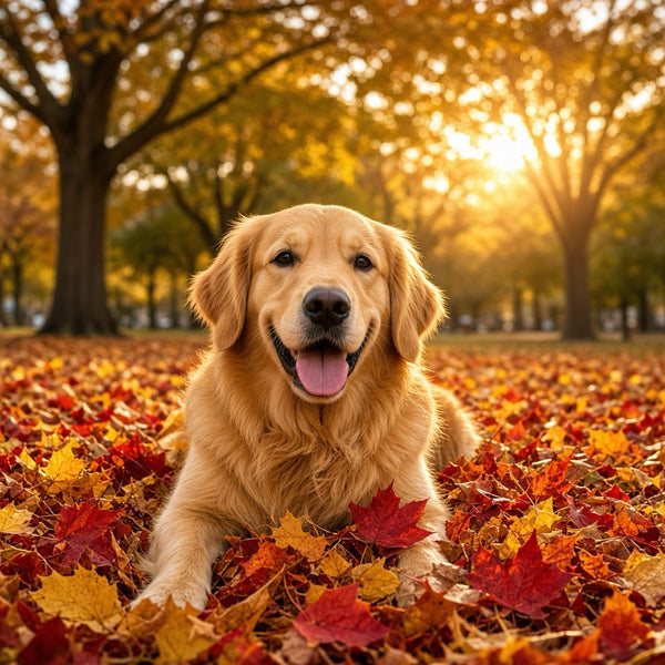 A golden retriever lying in red and orange leaves