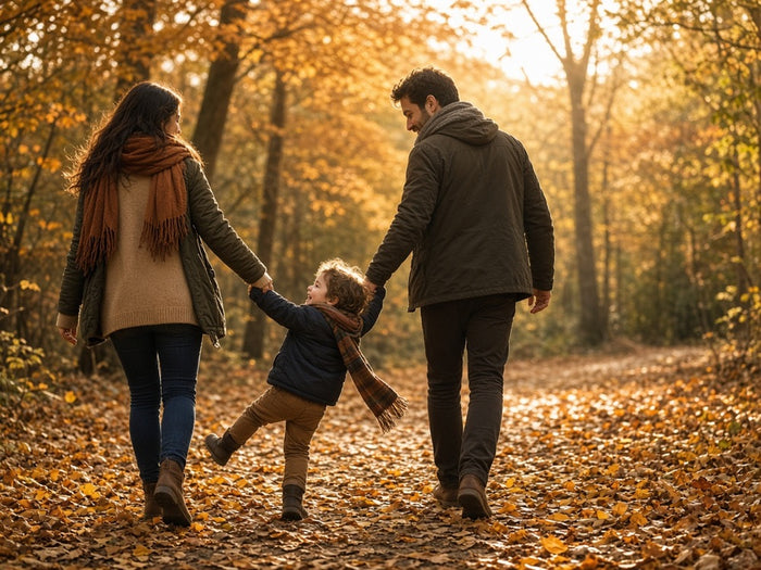 A family swinging their child on a leafy forest path