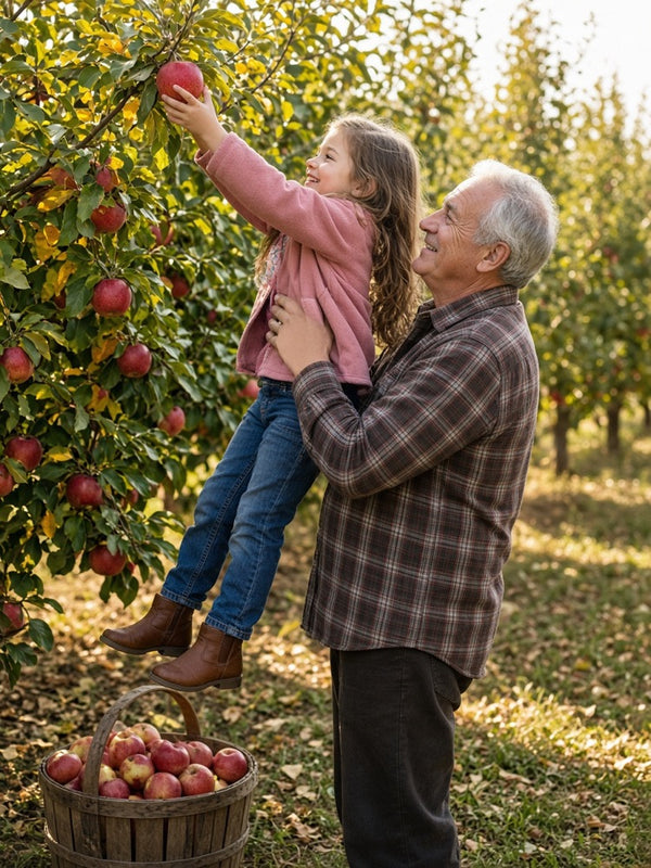 A grandfather lifting his granddaughter to pick an apple