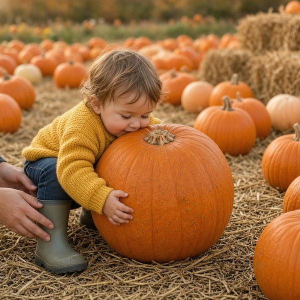 A toddler in a yellow sweater hugging a big pumpkin